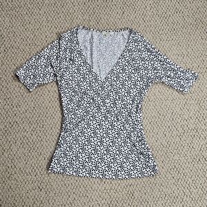 Boden Black White Polka Dot Ruched Wrap V Neck 3/4 Sleeve Top Women's Sz 8‎
